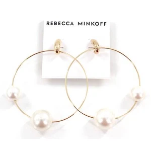 Rebecca Minkoff Gold Hoop Earrings with Simulated Pearls $48 Tags #RM024 - Picture 1 of 3