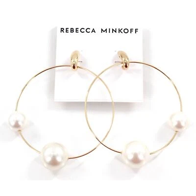 Rebecca Minkoff Gold Hoop Earrings with Simulated Pearls $48 Tags #RM024 - Image 1 of 3