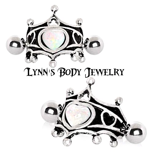 Medieval Crown White Opal Heart * 316L Stainless Steel Cartilage Cuff Earring - Image 1 of 1