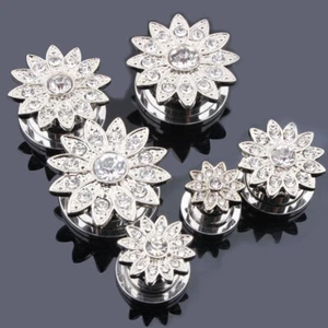 2X Flower Flesh Tunnel Screw Ear Plug Rhinestone Gauge Surgical Steel Piercing - Picture 1 of 4