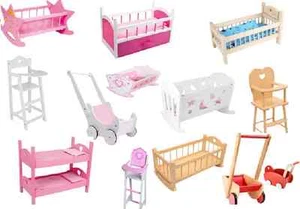 NEW Dolls Wooden Set High Chair Rocking Crib Cot Bed Pram Pushchair Girls Toys - Picture 1 of 21