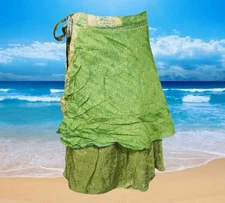 Women Green Handmade Floral skirt, Recycled Sari Silk Knee Length Wrap One Size