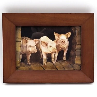 Vintage Cute Pigs Framed Small Wall Decor | Fine Woodwork Mid-Century Modern - Image 1 of 4