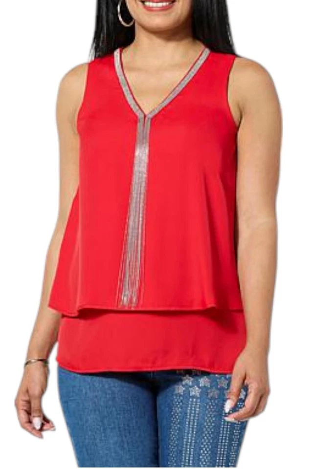 Camiseta sin mangas DG2 by Diane Gilman para mujer con micro cadena adornada fácil roja Foto 1 de 1