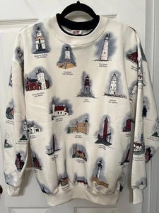 Vtg Art Unlimited Sportswear Pullover Sweatshirt Lighthouse Print Ivory Men's M - Picture 1 of 9