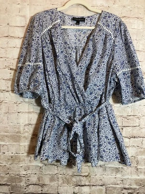 Blusa Campesina Azul Floral Lane Bryant 22 Boho Corbata Cintura Manga Abullonada Algodón Foto 1 de 4