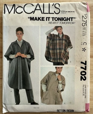 McCall’s Make It Tonight Wear It Tomorrow Pattern 7702 Misses’ Poncho Size 6-20 - Image 1 of 4