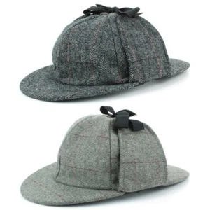 Deerstalker Hat Herringbone Tweed Detective Grey Flat Cap Peaks Hawkins - Picture 1 of 9