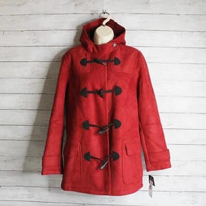 Chaps Women's Winter Coat Size M Red Toggle Jacket Faux Suede Hooded - Picture 1 of 10