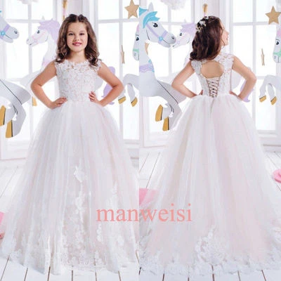 蕾丝婚礼女孩花朵球礼服贴花圣餐派对公主免费送货 — 第 1/4 张图片