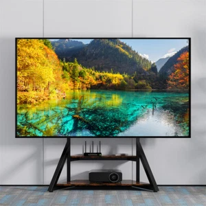 40-100" Universal TV Floor Stand Rolling Height Adjustable TV Mount w Wood Shelf - Picture 1 of 27