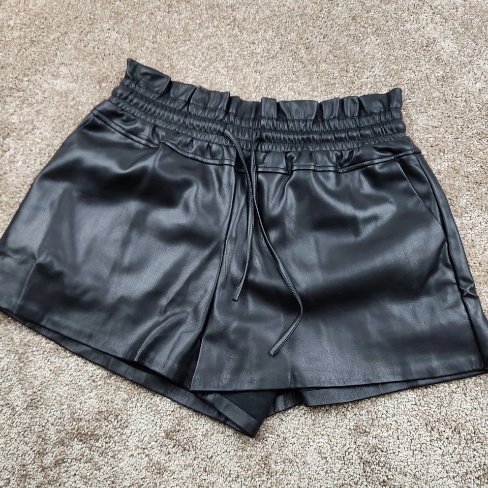 Mini Sexy Pantalones Cortos Bolsillo Cintura Elástica Para Mujer Semilla de Mostaza Imitación Cuero Pequeño Foto 1 de 3