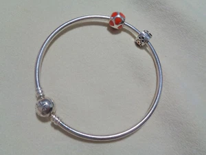 AUTHENTIC PANDORA STERLING BANGLE BRACELET W 2 GREAT CHARMS RED  ENAMEL, GOLD &  - Picture 1 of 4