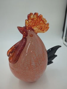 Hand Blown Glass Rooster Heavy Unsigned Redish Orange Black And White - Picture 1 of 7