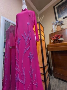 Ao Dai XL Bộ Lụa Chiffon Đính Kết , Cổ 3 cm, Ngực 93 Eo 80 cm - Áo & Quần - Picture 1 of 8