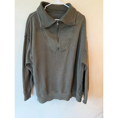 Sudadera Aerie Mujer Mediana Verde Oliva Down To Earth Gran Tamaño Cuarto Cremallera Foto 1 de 4