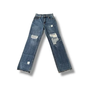 Y2K High Rise Womens 7 Jeans Wide Leg Baggy Distressed Dark Blue Denim - Picture 1 of 4