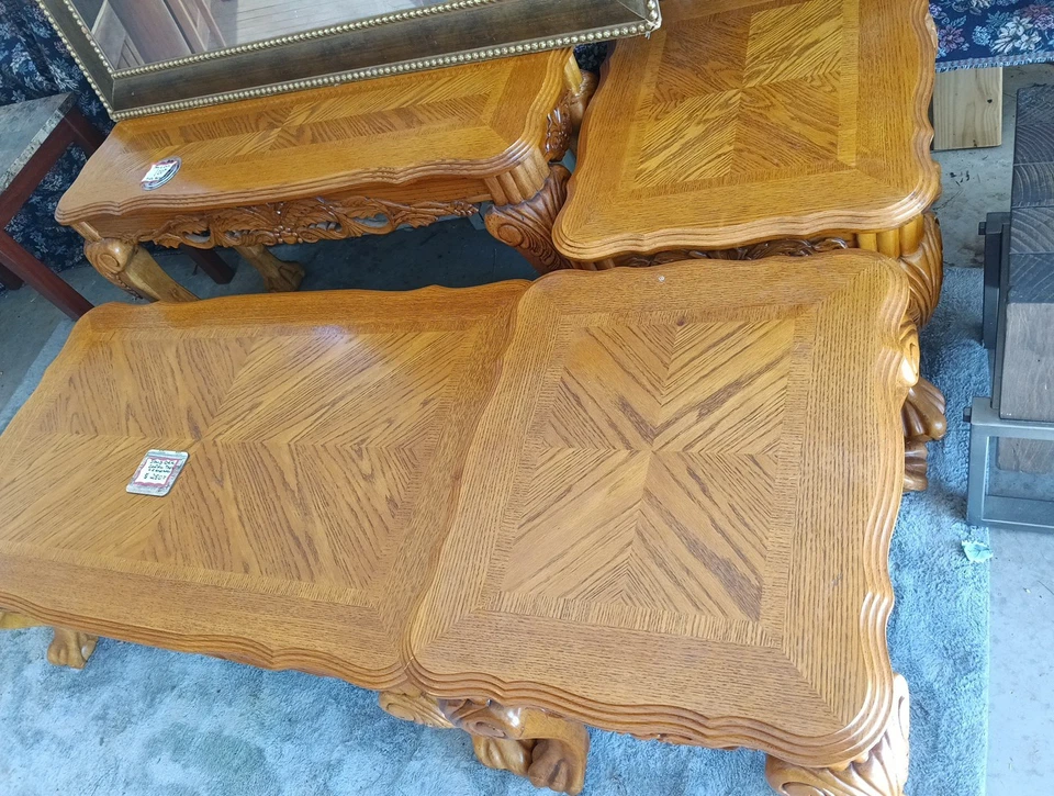 Madera maciza de roble - Mesa de sofá, mesa de centro, 2 mesas auxiliares Foto 1 de 4