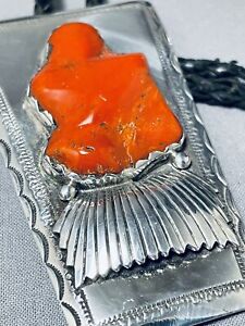 ONE OF THE CHUNKIEST EVER CORAL VINTAGE NAVAJO STERLING SILVER BOLO TIE