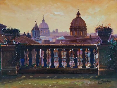 Letrero de pintura al óleo original arte contemporáneo vista de Roma al atardecer Enrico Sereni Foto 1 de 4