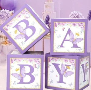 Purple Butterfly Baby Shower Boxes Decorations - 4 Purple Boxes - Picture 1 of 8