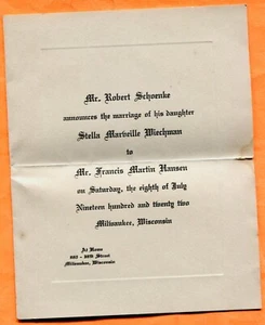 Milwaukee WI Wedding Invitation Stella Wiechman & Francis Hansen 8 July 1922 - Picture 1 of 2