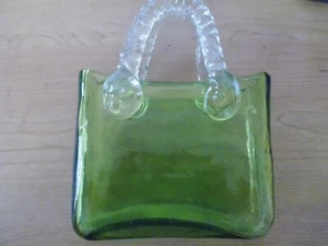 Murano Style Art Glass Green Purse With Clear Applied Handles - Picture 1 of 2