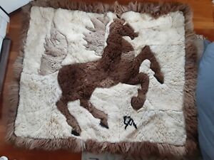 Real Alpaca Fur Shearling Rug, Tapestry, Wall Hanging, Horse Motif 54 X 63