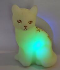 FENTON Art Glass Uranium Vaseline Cat Handpainted Flowers glows custard signed