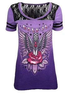 Sinful By Affliction Women's T-shirt Marisol Biker Tattoo - Picture 1 of 10