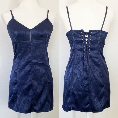 UNDERCOVER Abito slip anni 90 Victoria’s Secret nuovo con etichetta raso elasticizzato seta jacquard blu corsetto M