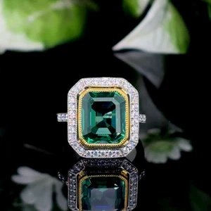 Grüner CZ Ring im Smaragdschliff mit Goldeinfassung in 925 Sterling Silber - Bild 1 von 5