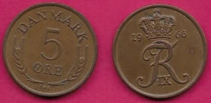 DÄNEMARK 5 ORE 1966 C-S FREDERIK IX,CROWNED F IX R MONOGRAM,DIVES DATE  - Bild 1 von 1