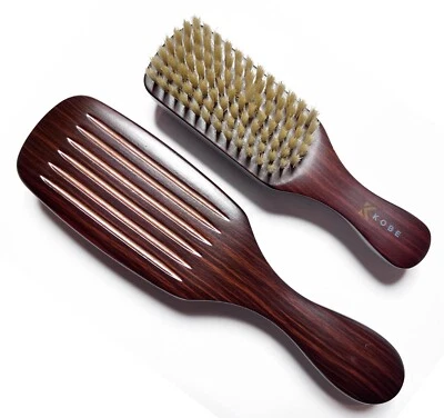 Hair & Beard Double Brush Set Men Grooming Barber Boar Bristle Gift for Him Wood - Image 1 of 4