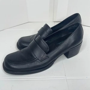 Dockers Black Leather Loafers 8.5M Chunky Heel Goth Schoolgirl Wednesday Adams - Picture 1 of 10