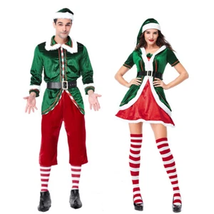 Adult Velvet Couple Christmas Costume Men Xmas Outfit Women Mrs. Santa Elf Dress - Picture 1 of 16