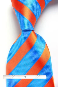 New Classic Striped Blue Orange JACQUARD WOVEN 100% Silk Men's Necktie Tie - Zdjęcie 1 z 6