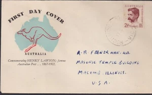 1949 Henry Lawson Poet Author GUTHRIE FDC RICHMOND VIC Cover Australia to USA - Picture 1 of 2