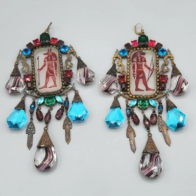 Czech Egyptian Revival Style Pharoah Molded Glass Large Drop Dangle Earrings - Image 1 of 4