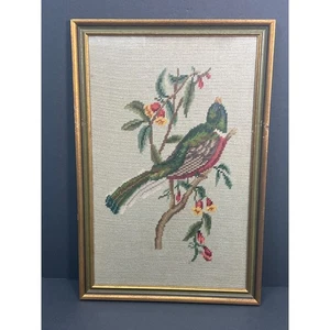 Vintage Nadelspitze Berg Trogon 13x19,5 gerahmte Stickerei Landhaus Vogelliebhaber - Bild 1 von 8