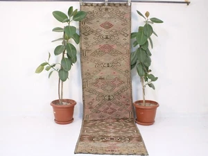 Tappeto runner vintage annodato a mano rosa grigio tribale geometrico lana 2,5x9 piedi - Foto 1 di 10