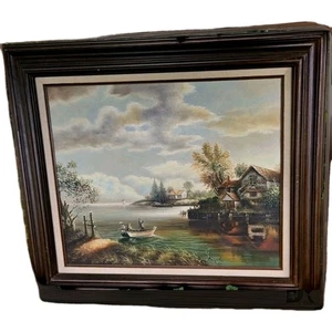 J. Dipinto olio firmato Perinne" casa barche ad acqua persone 24x20 legno incorniciato 32x28 - Foto 1 di 12