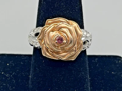 Anillo Flor Rosa Vermeil Plata Esterlina 925 Diseñador con Turmalina, Circón Talla 10 Foto 1 de 4