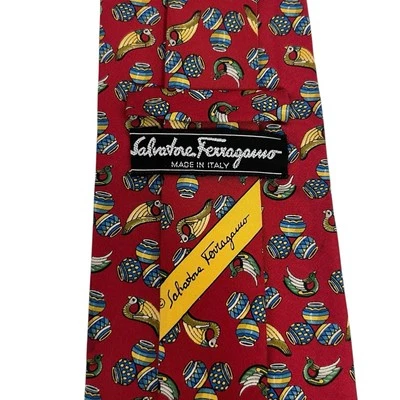 Corbata Salvatore Ferragamo para hombre pájaros y vades rojo satinado seda 3,75" (W) 54" (L) guc Foto 1 de 4