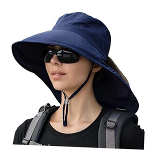Women Sun Hats UV Protection Wide Brim Foldable Ponytail Hole Beach Hats with - Picture 1 of 7