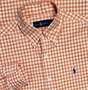 Ralph Lauren Polo Button Up Orange Gingham Check Long Sleeve Men S Shirt Poplin - Picture 1 of 12