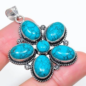 Green Turquoise Gemstone Handmade 925 Sterling silver Jewelry Pendant Size 2" - Picture 1 of 1