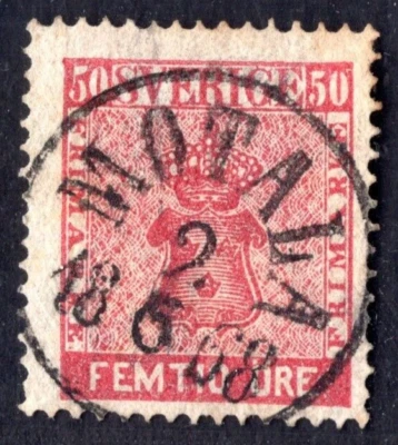 SUECIA 1858 SCOTT #12a CARMINE COLOR LIMPIO "MOTALA" CANCELAR PERFECTOS PERFS Foto 1 de 2