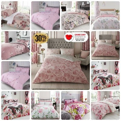 Pink Duvet Set Flowers Bedding Roses Quilt Cover & Pillow Cases Single Double - Image 1 of 4