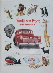 Ford's Out Front, Zoo Tiere, Kinder Kunst Oldtimer 1946 Auto Werbung - Bild 1 von 1